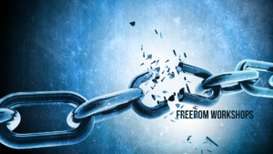 Shattered metal chain link breaking apart against a blue textured background with the text ‘Freedom Workshops,’ symbolizing breakthrough, deliverance, and spiritual freedom