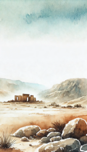Watercolor illustration of a desert landscape with rocky terrain, dry plants, and ancient stone ruins in the distance, surrounded by mist and mountains under a soft blue sky