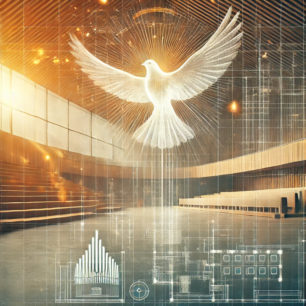 Digital illustration of a glowing white dove symbolizing the Holy Spirit, radiating light in a modern architectural space with abstract blueprint overlays, representing divine presence and spiritual revelation