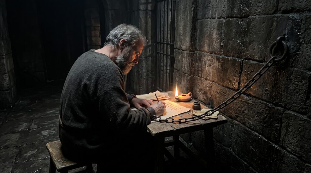 Paul writing a letter by oil lamp in a stone prison cell, a chain running from his wrist to the wall