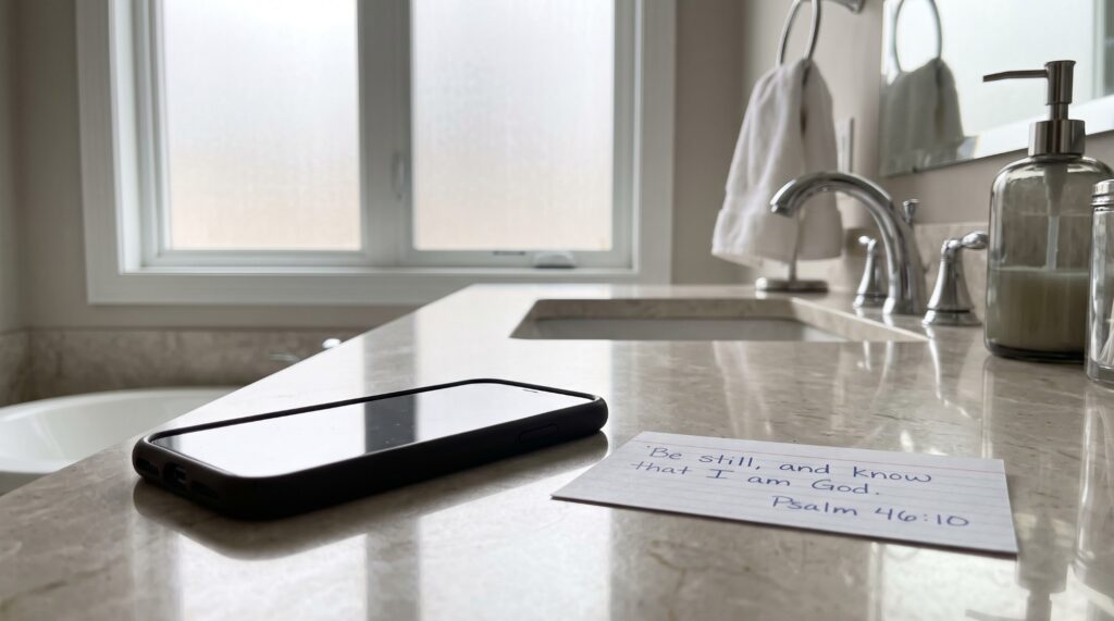 A phone face-down on a bathroom counter beside an index card reading Be still, and know that I am God, Psalm 46:10