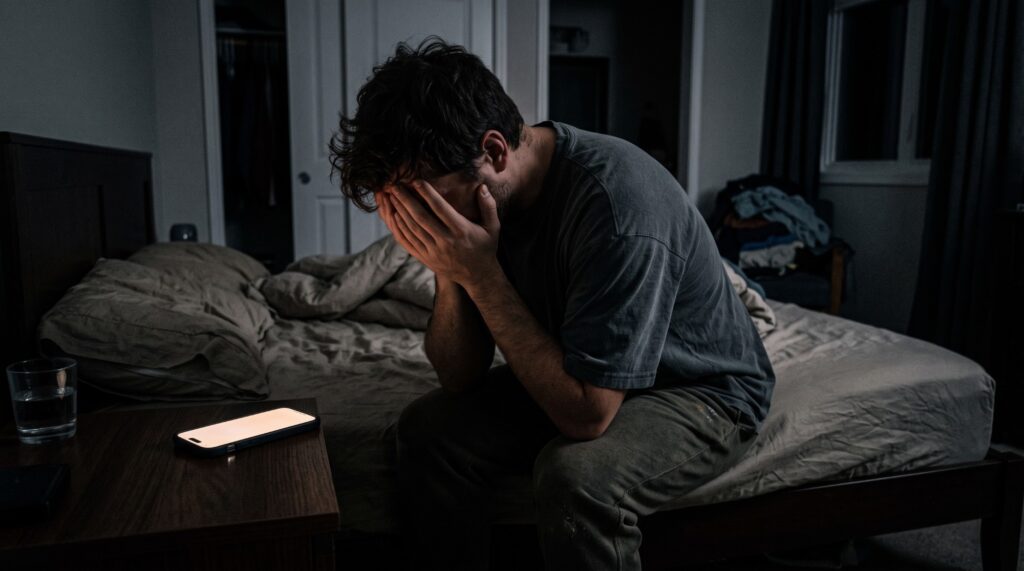 A man sitting on the edge of his bed at night with his face in his hands, a phone glowing on the nightstand