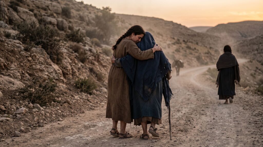 Ruth embracing Naomi on a dusty hill road at dusk while Orpah walks away in the distance