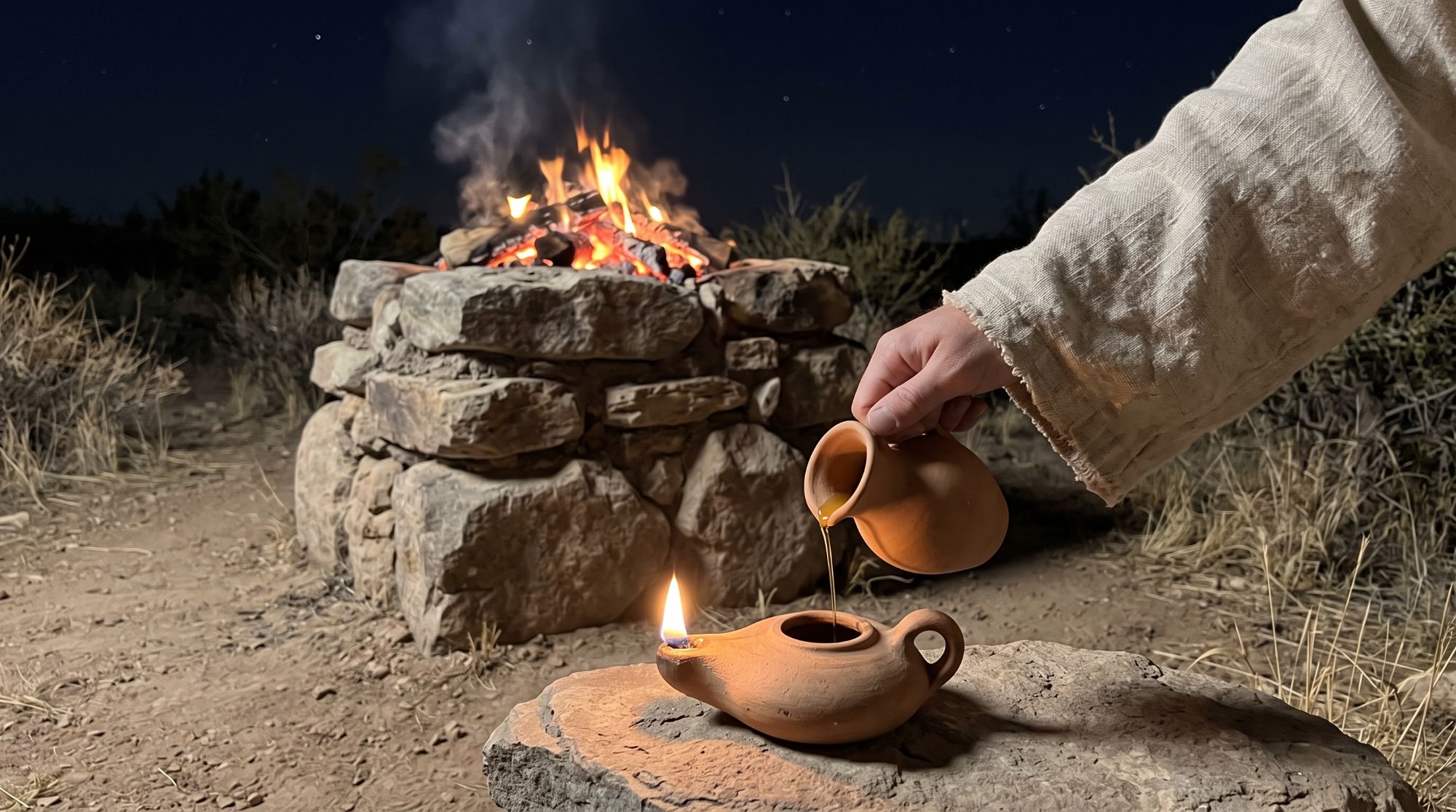 A priest pouring olive oil into a lit clay lamp beside a stone altar with fire burning at night