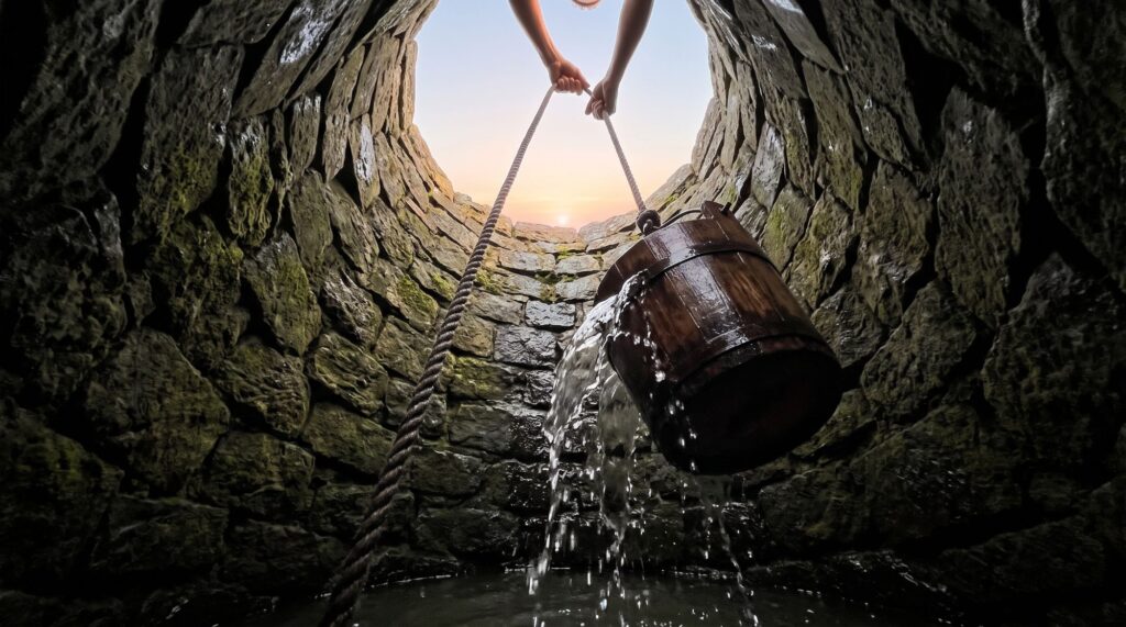 Looking up from inside a stone well as hands haul a wooden bucket of water toward the morning light