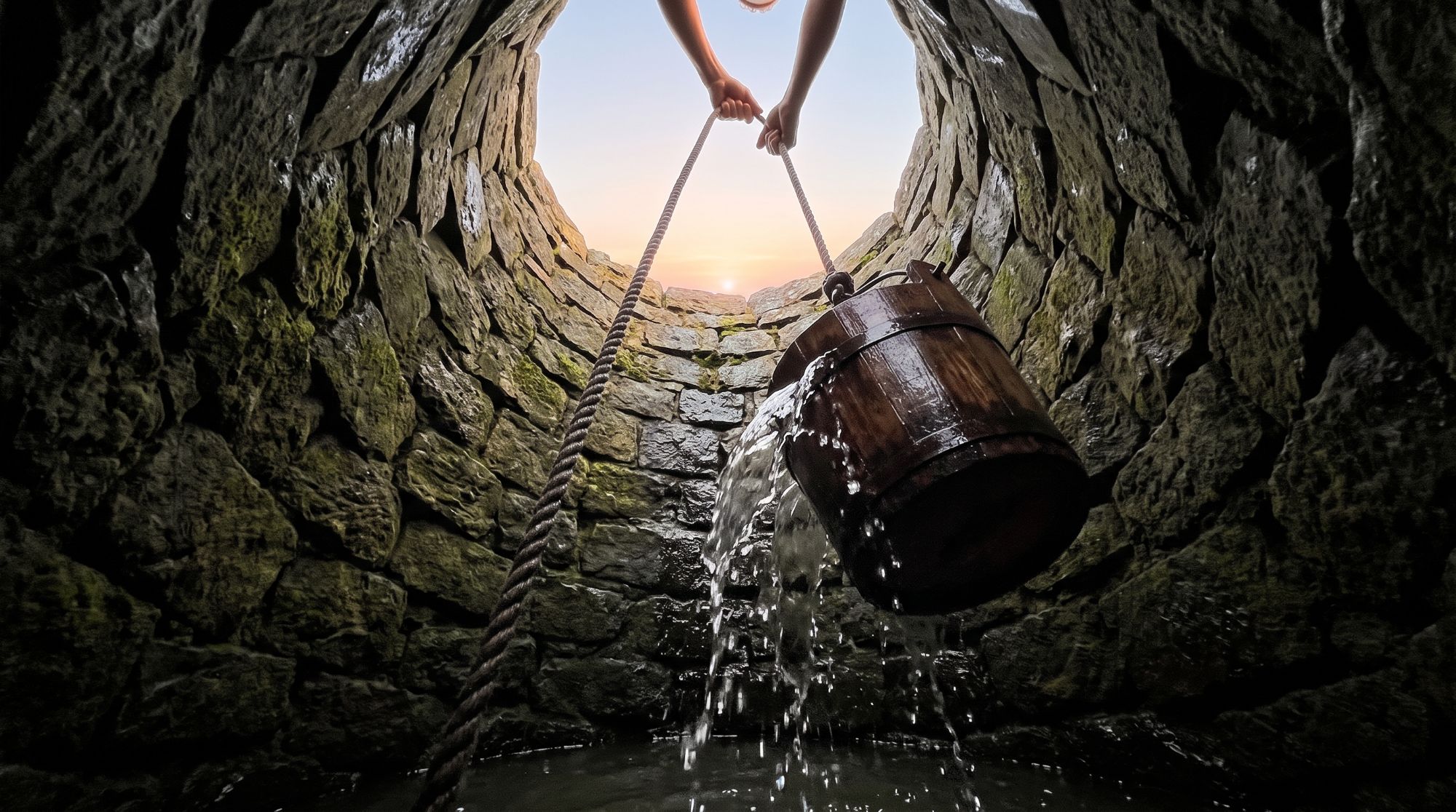 Looking up from inside a stone well as hands haul a wooden bucket of water toward the morning light
