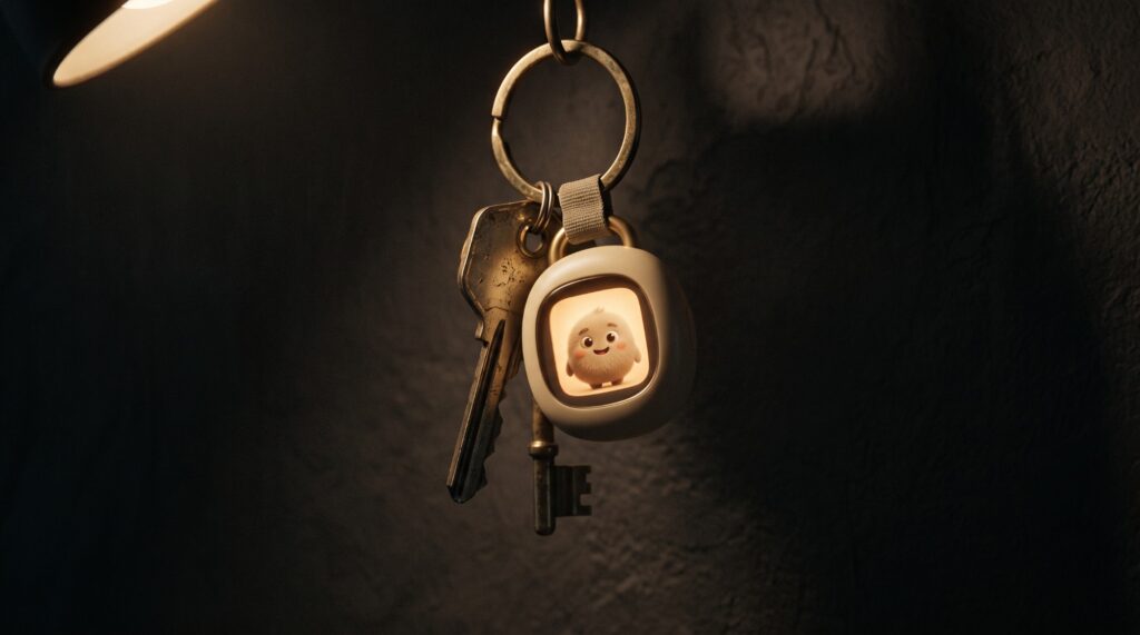 A small keychain device with a cute, fuzzy creature smiling on its glowing screen, hanging beside two old keys against a dark wall
