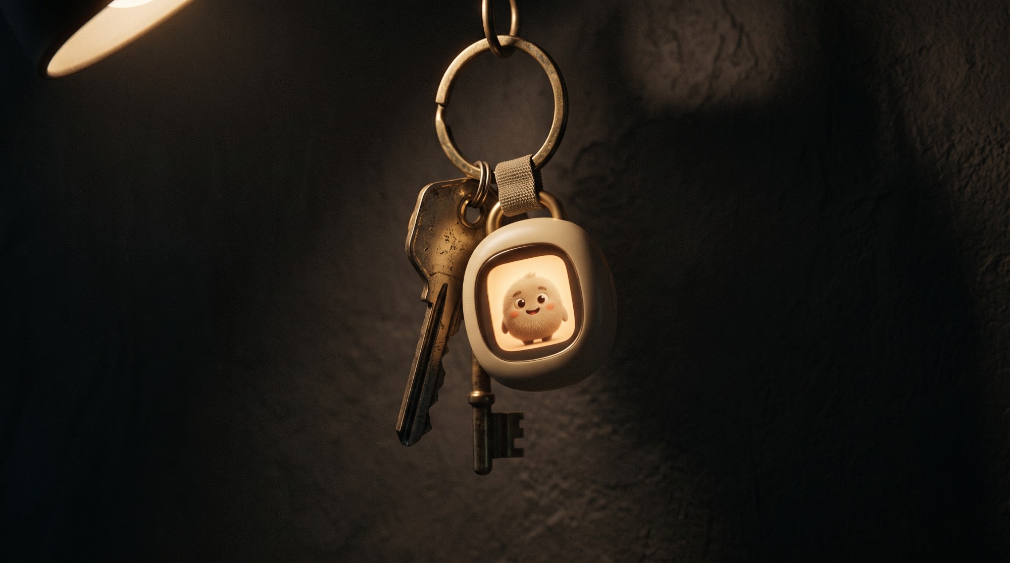 A small keychain device with a cute, fuzzy creature smiling on its glowing screen, hanging beside two old keys against a dark wall