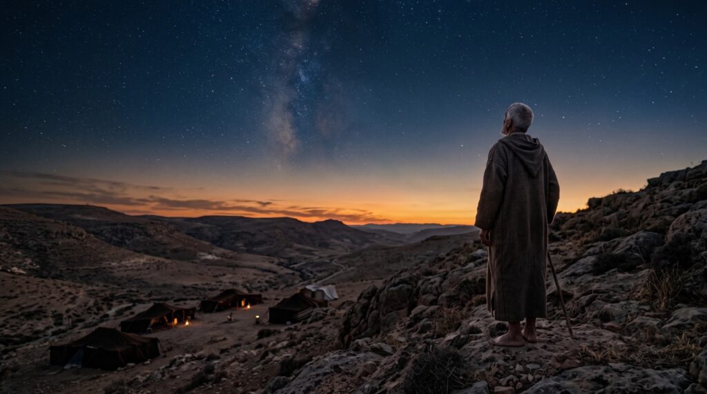 An old man in a hooded robe stands on a rocky hillside at dusk, looking up at a sky full of stars above a small camp of tents.