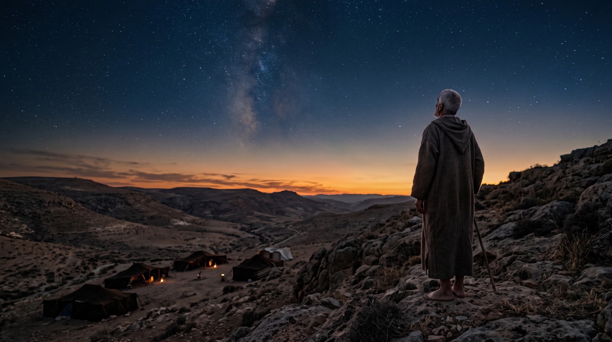 An old man in a hooded robe stands on a rocky hillside at dusk, looking up at a sky full of stars above a small camp of tents.