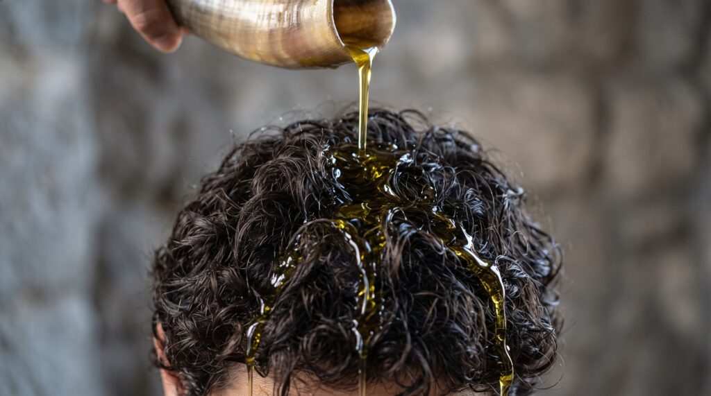 Olive oil pouring from a ram's horn onto a head of dark, curly hair